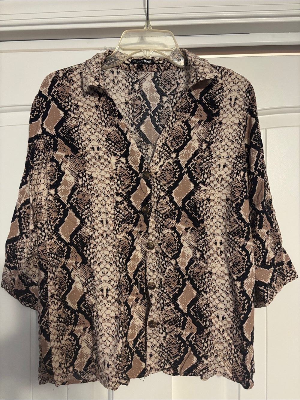 Fashion Nova Beige, Brown & Black Snake-Print Button-Down Shirt